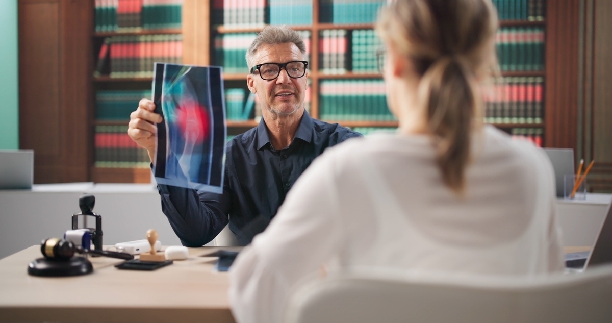 Attorney reviewing X-ray imaging with a client during a pre-existing condition injury claim consultation